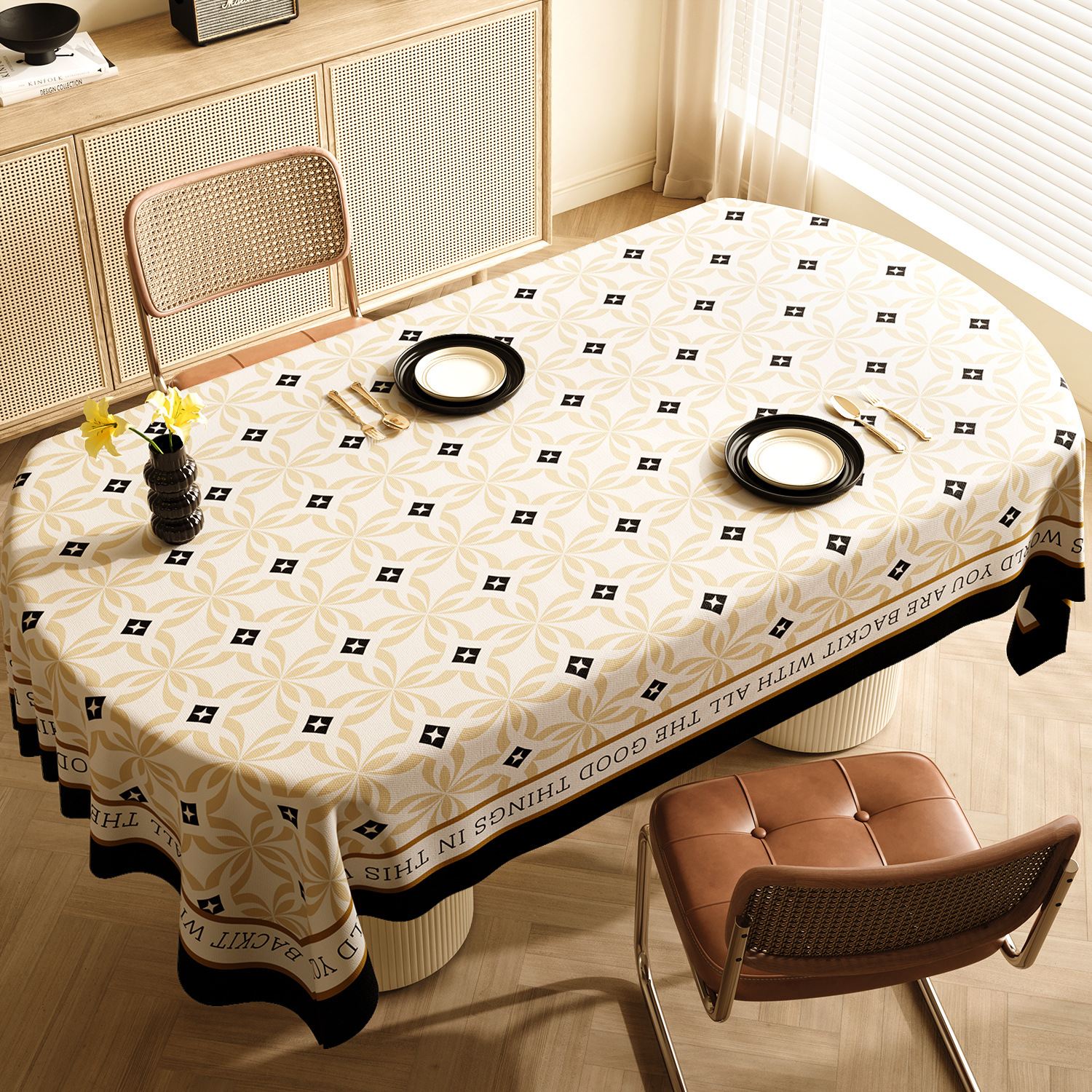 V888-ELOSUNG21085-225963-00 Style E Black And Off White Premium PVC Tablecloth - Oil & Water Resistant Table Cover for Dining Tables (120 x 180 cm) - Image 1