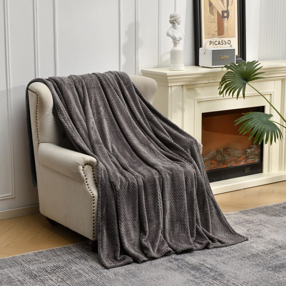 V888-ELOSUNG21095-225776-00 Dark Grey Soft Flannel Jacquard Throw Blanket - Cozy Sofa & Bed Cover, Air Conditioning Blanket, 50 x 60 Inches, Elegant Solid Color - Image 1