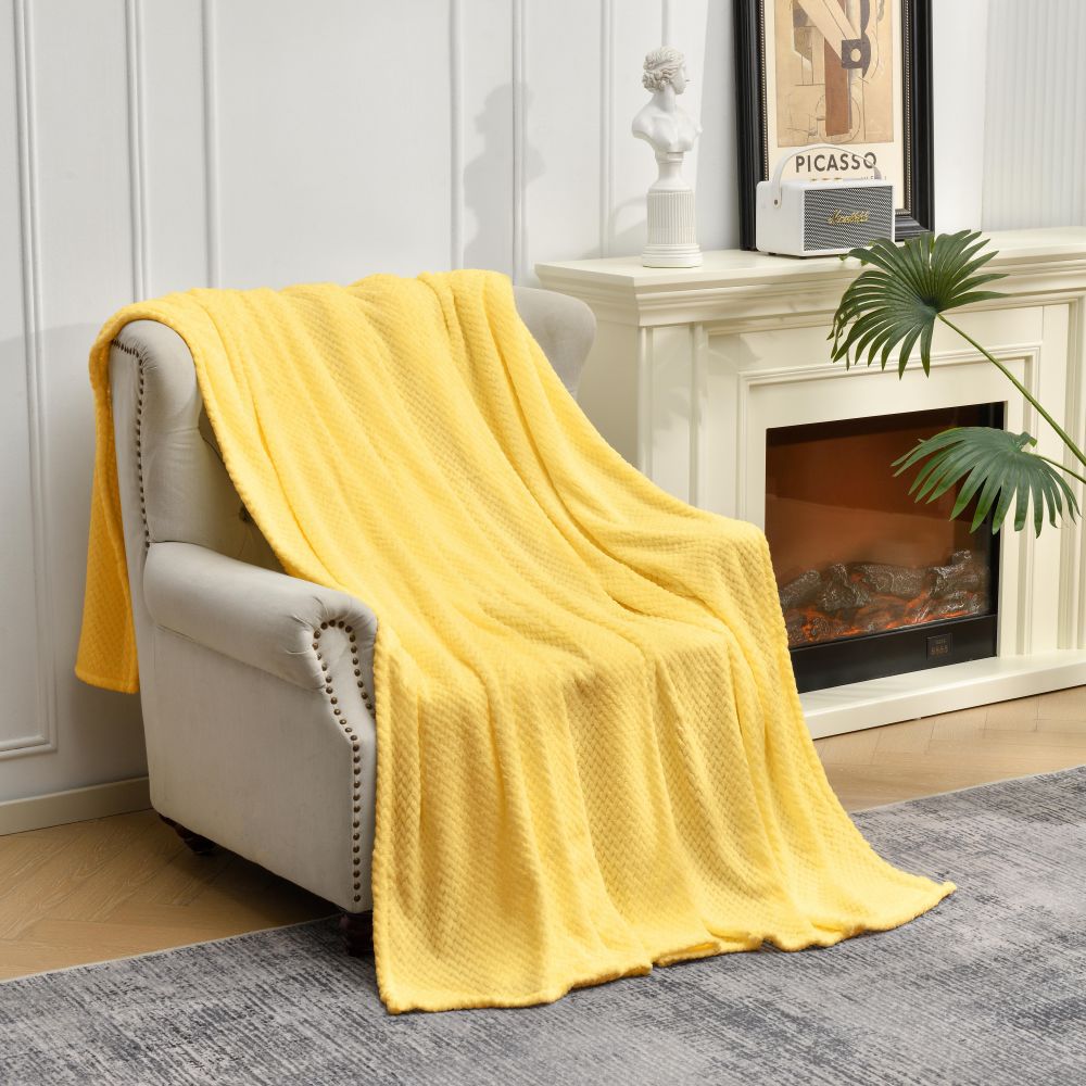 V888-ELOSUNG21097-225778-00 Yellow Soft Flannel Jacquard Throw Blanket - Cozy Sofa & Bed Cover, Air Conditioning Blanket, 50 x 60 Inches, Elegant Solid Color - Image 1