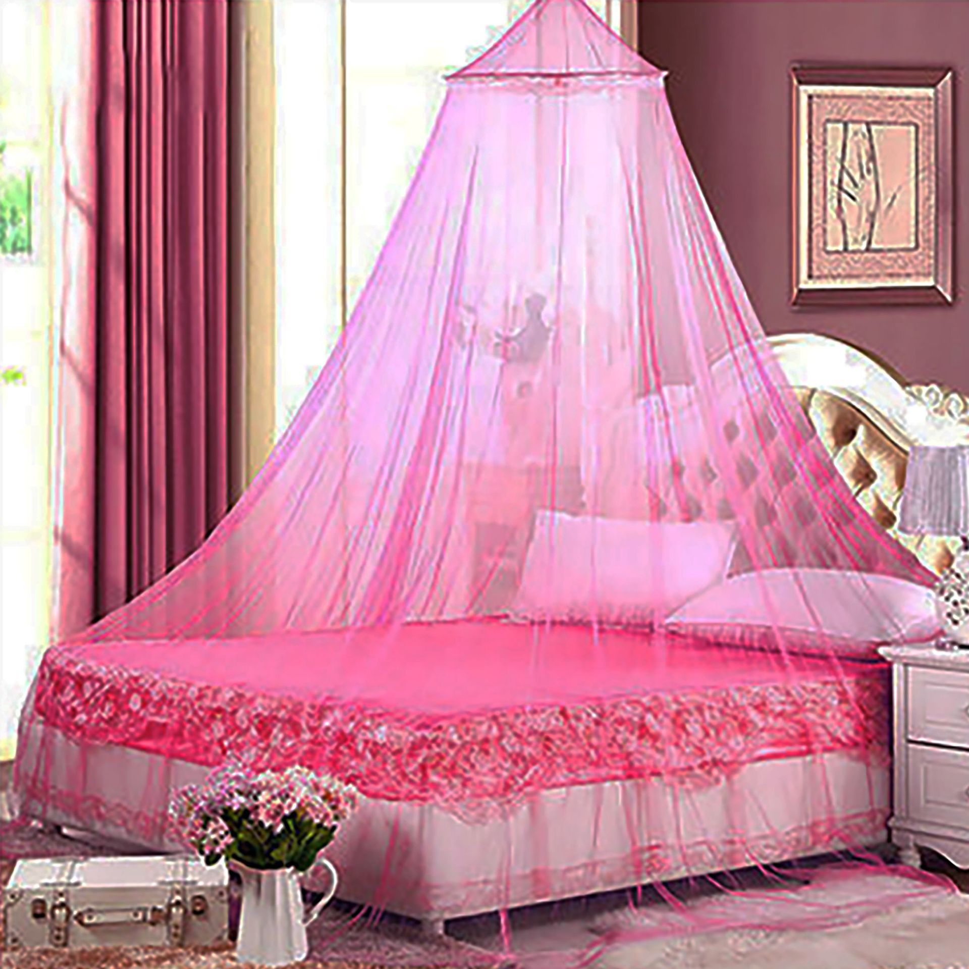 V888-ELOSUNG21272-202502241040-00 Pink Hanging Princess Bed Canopy Mosquito Net - Dome Bedding for Dorm Rooms & Bedrooms (Fits 1.5m-1.8m Beds) - Image 1