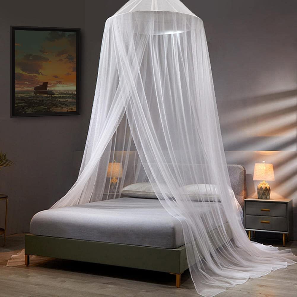 V888-ELOSUNG21276-202502241041-00 White Hanging Princess Bed Canopy Mosquito Net - Dome Bedding for Dorm Rooms & Bedrooms (Fits 1.8m-2m Beds) - Image 1