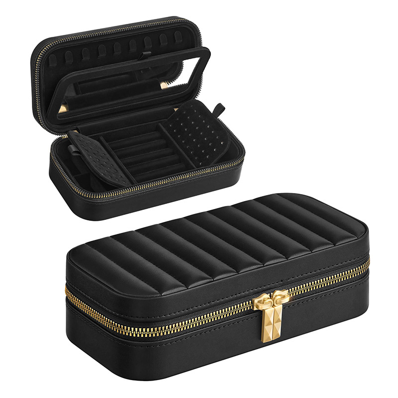 V888-ELOSUNG21355-202502261818-00 Black Dual Zipper Portable Jewelry Box with Mirror - Travel Jewelry Organizer - Image 1