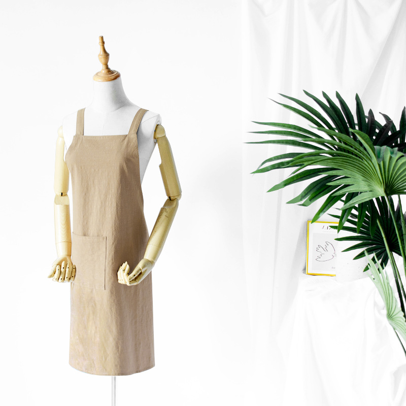 V888-ELOSUNG21360-202502261535-00 Khaki Cotton Linen H-Back Apron - Solid Color Kitchen Cooking Apron with Pocket - Image 1