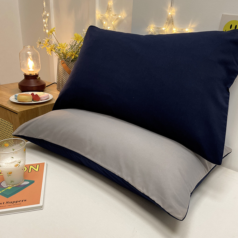 V888-ELOSUNG21480-202502281041-00 Navy And Grey Washed Cotton Pillowcase Set - Solid Color, Simple Two-Tone Design, 48x74cm (Pair) - Image 1
