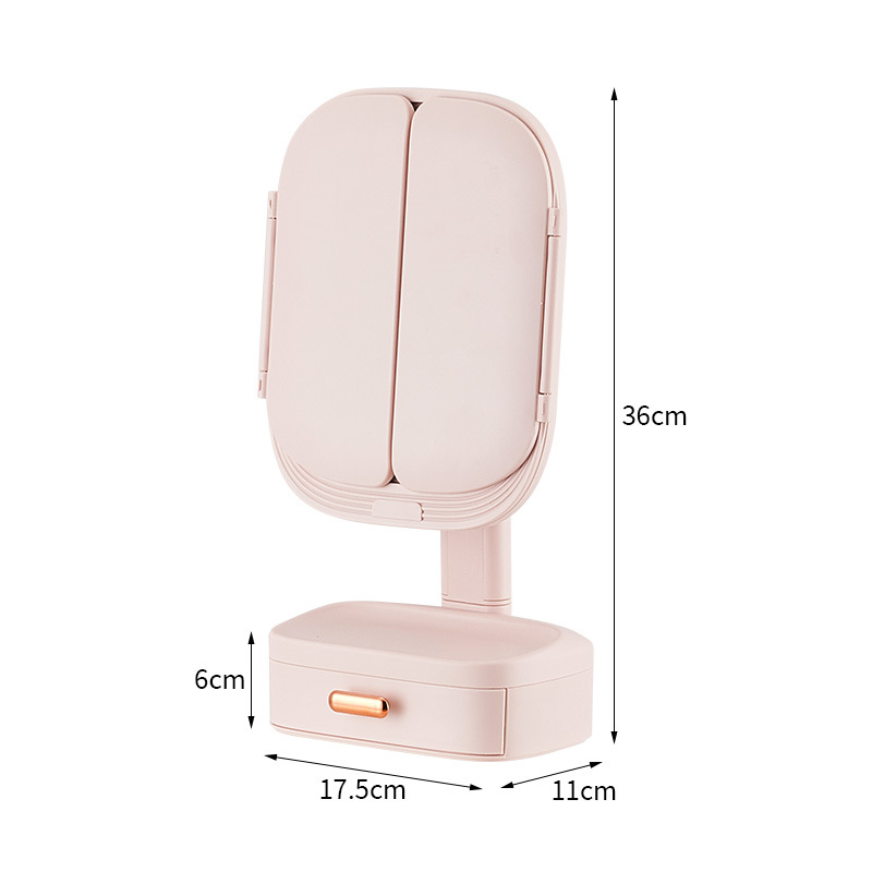 V888-ELOSUNG21494-202503031020-00 Pink LED Lighted Tri-Fold Makeup Mirror with Storage Drawer & Magnification(USB Charging Port) - Image 1