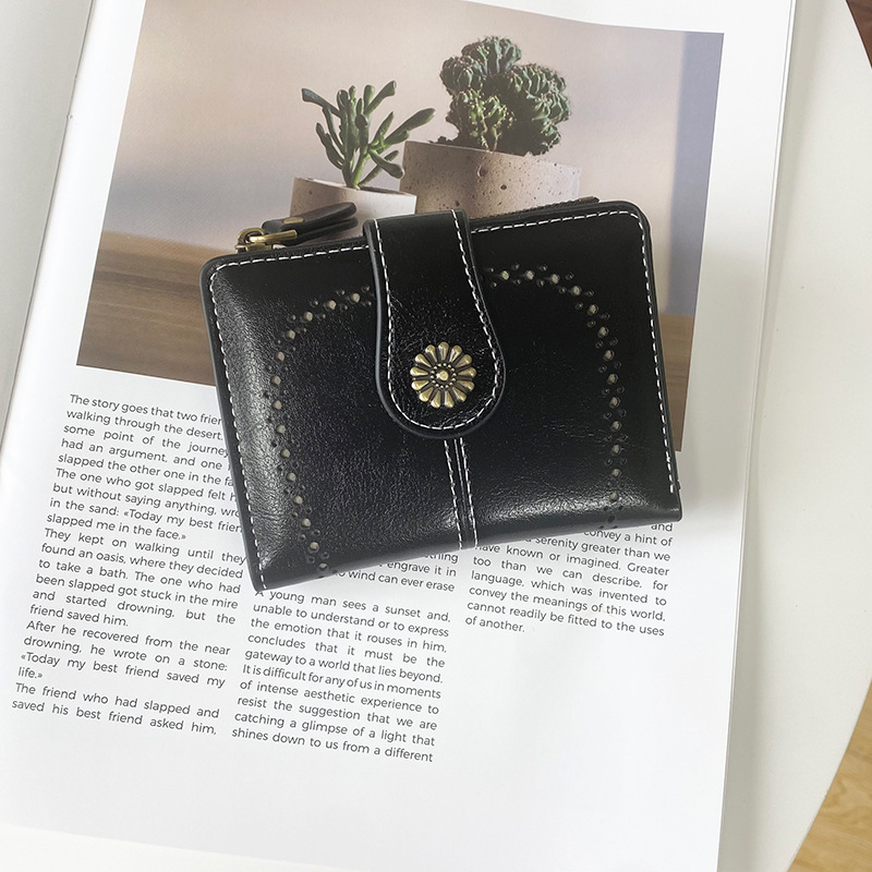 V888-ELOSUNG21558-202503051016-00 Black Vintage PU Leather Women's Short Wallet - Elegant Zipper Coin Pocket Multi-Function Card Holder - Image 1