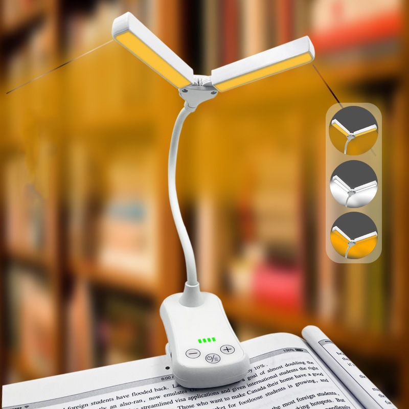 V888-ELOSUNG21722-202503111151-00 White Rechargeable Dual-Head Clip-On Book Light - Touch Control Reading Lamp with Eye Protection - Image 1