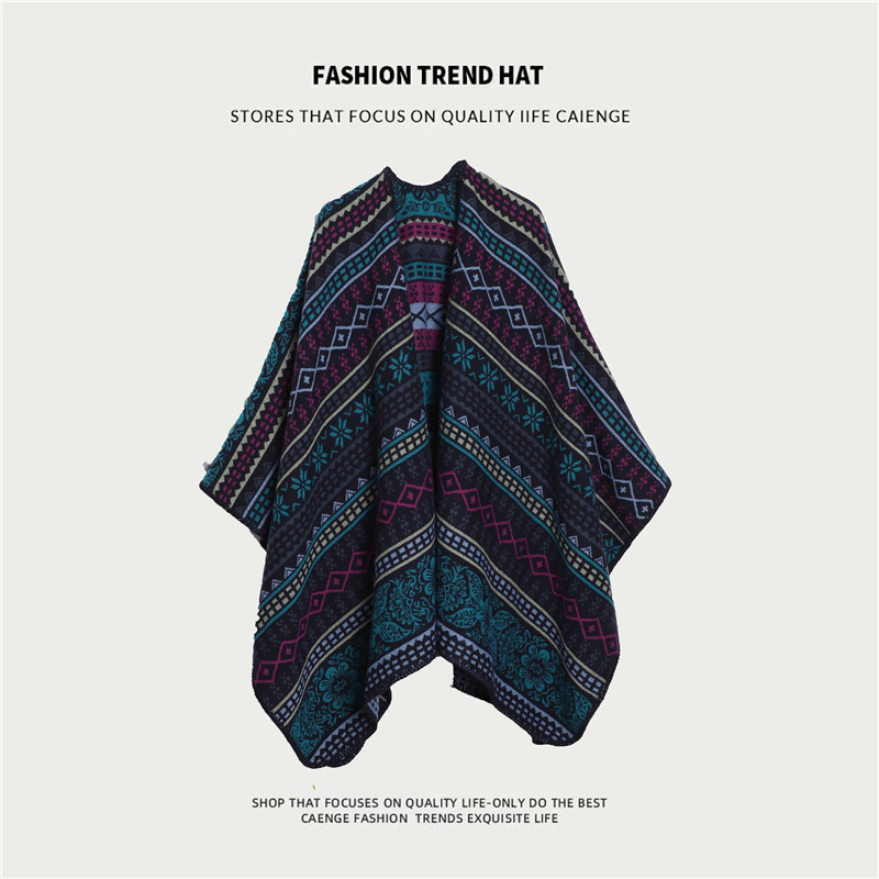 V888-ELOSUNG21762-202503111110-00 Green And Purple Ethnic Boho Shawl for Women - Stylish Split Cape for Travel and Cooling Rooms - Image 1