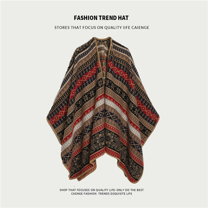 V888-ELOSUNG21763-202503111111-00 Brown Ethnic Boho Shawl for Women - Stylish Split Cape for Travel and Cooling Rooms - Image 1