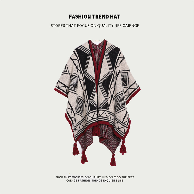 V888-ELOSUNG21770-202503111111-00 Black Tassel Style Ethnic Boho Shawl for Women - Stylish Split Cape for Travel and Cooling Rooms - Image 1