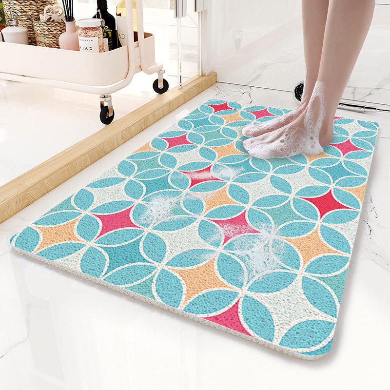 V888-ELOSUNG21803-202503121422-00 Blue Circular Pattern PVC Non-Slip Bath Mat 45x75cm - Shower Drain Hole Design, Soft & Quick-Dry Bathroom Rug - Image 1
