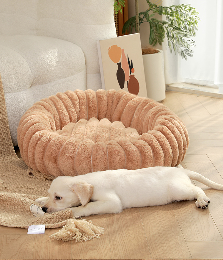 V888-ELOSUNG21845-202503121414-00 Khaki Plush Pet Bed - 40cm Round Dog & Cat Mat, Cozy PP Cotton Filled, Comfortable Pet Supplies - Image 1