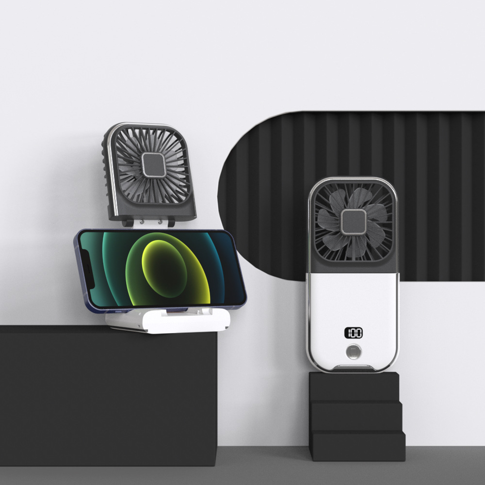 V888-ELOSUNG22029-202503141127-00 Black and white color Portable Handheld Fan with Neck Strap & Phone Stand - Image 1