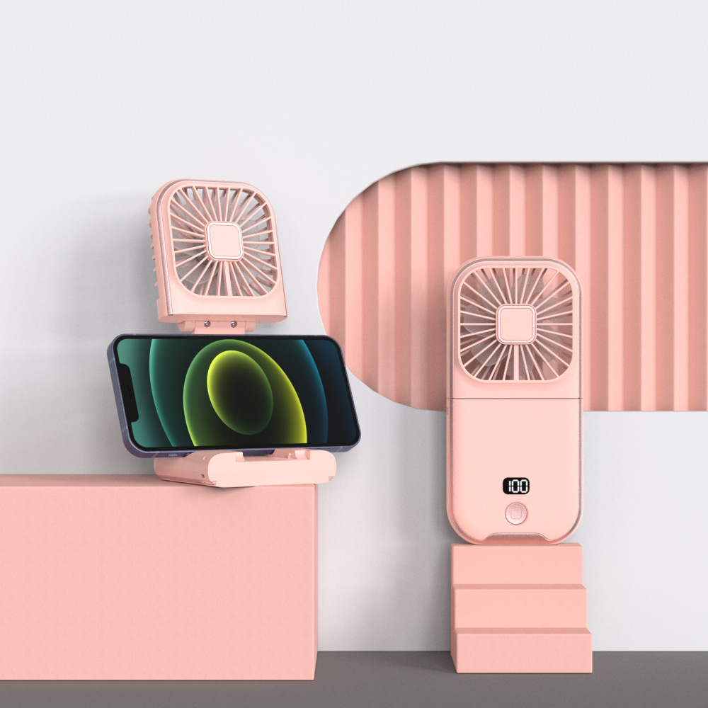 V888-ELOSUNG22031-202503141125-00 Pink Portable Handheld Fan with Neck Strap & Phone Stand - Image 1