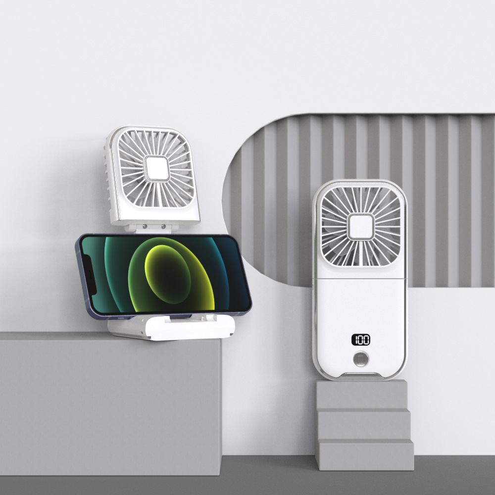 V888-ELOSUNG22032-202503141125-00 White Portable Handheld Fan with Neck Strap & Phone Stand - Image 1