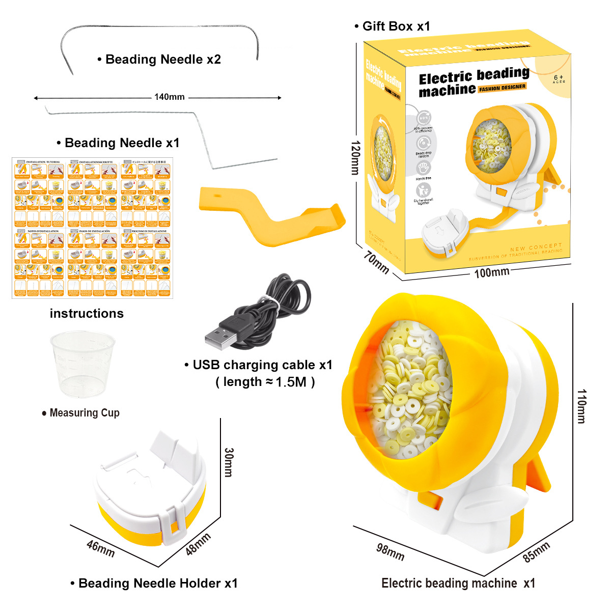 V888-ELOSUNG22161-202503181041-00 Yellow Automatic Bead Loader - Electric DIY Jewelry Making Kit with Accessories - Image 1