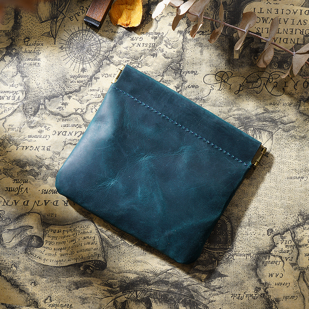 V888-ELOSUNG22169-202503181115-00 Blue Genuine Leather Coin Purse - Vintage Style Snap Closure Mini Pouch - Image 1