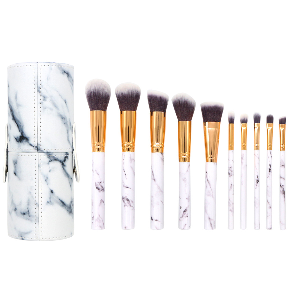 V888-ELOSUNG22343-202503211815-00 Barrel White Marble Makeup Brush Collection - 10 brushes for face, eyes and lips - Image 1
