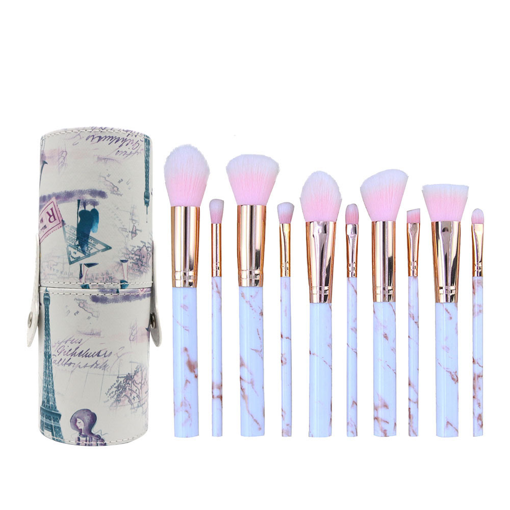 V888-ELOSUNG22345-202503211821-00 Barrel Pink Marble Makeup Brush Collection - 10 brushes for face, eyes and lips - Image 1