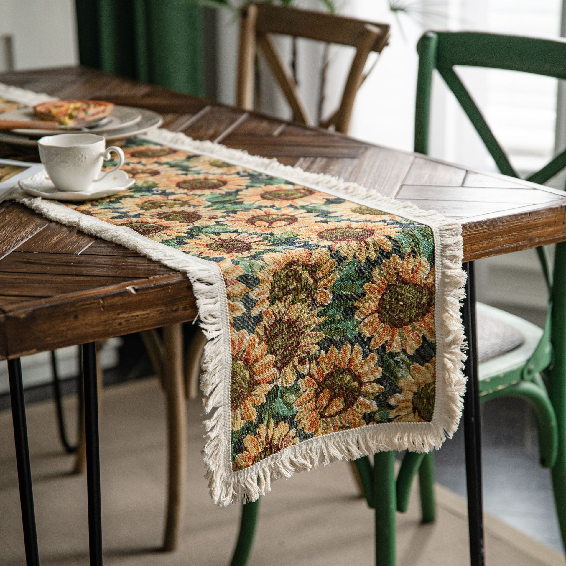 V888-ELOSUNG22381-202503251828-00 Sunflower Table Runner with Fringe - Jacquard Woven Cotton Blend (30x200cm) - Image 1