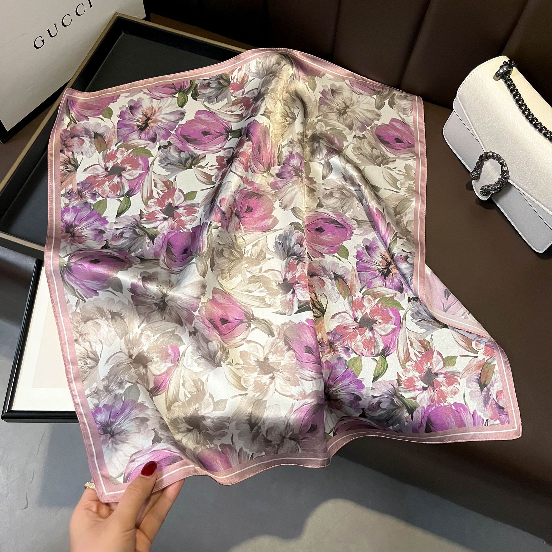 V888-ELOSUNG22472-202503251754-00 Purple Pure Silk Scarf - Elegant Flower Design, Square Handkerchief (Style 7) - Image 1