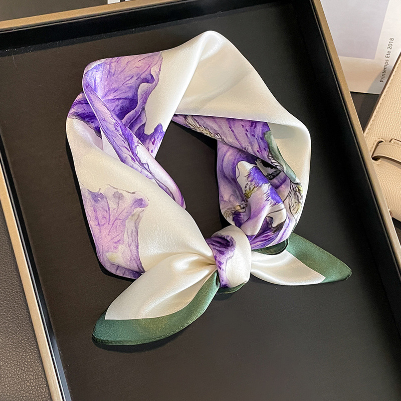 V888-ELOSUNG22474-202503251811-00 Purple Pure Silk Scarf - Elegant Flower Design, Square Handkerchief (Style 9) - Image 1