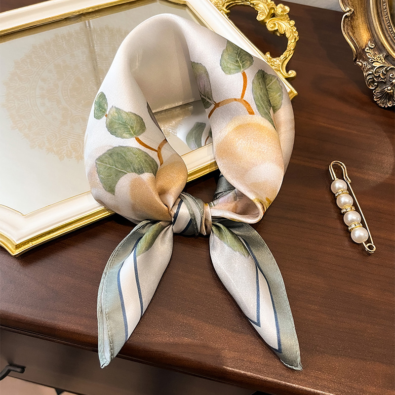V888-ELOSUNG22477-202503251818-00 Beige Pure Silk Scarf - Elegant Flower Design, Square Handkerchief (Style 12) - Image 1