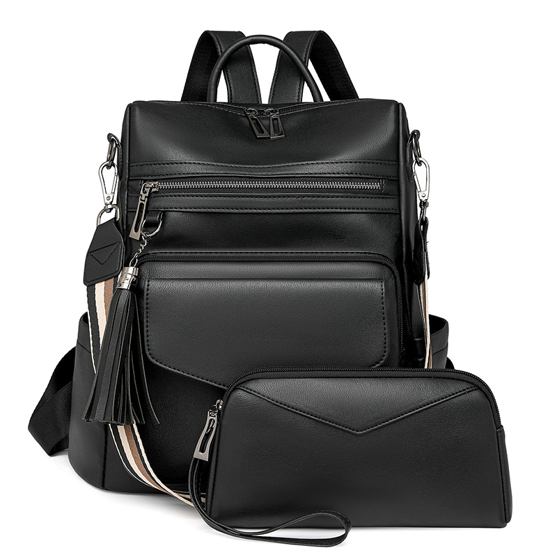 V888-ELOSUNG22647-202503282132-00 Black Fashionable Women's Backpack Set - With Coin Purse and Tassels - Image 1