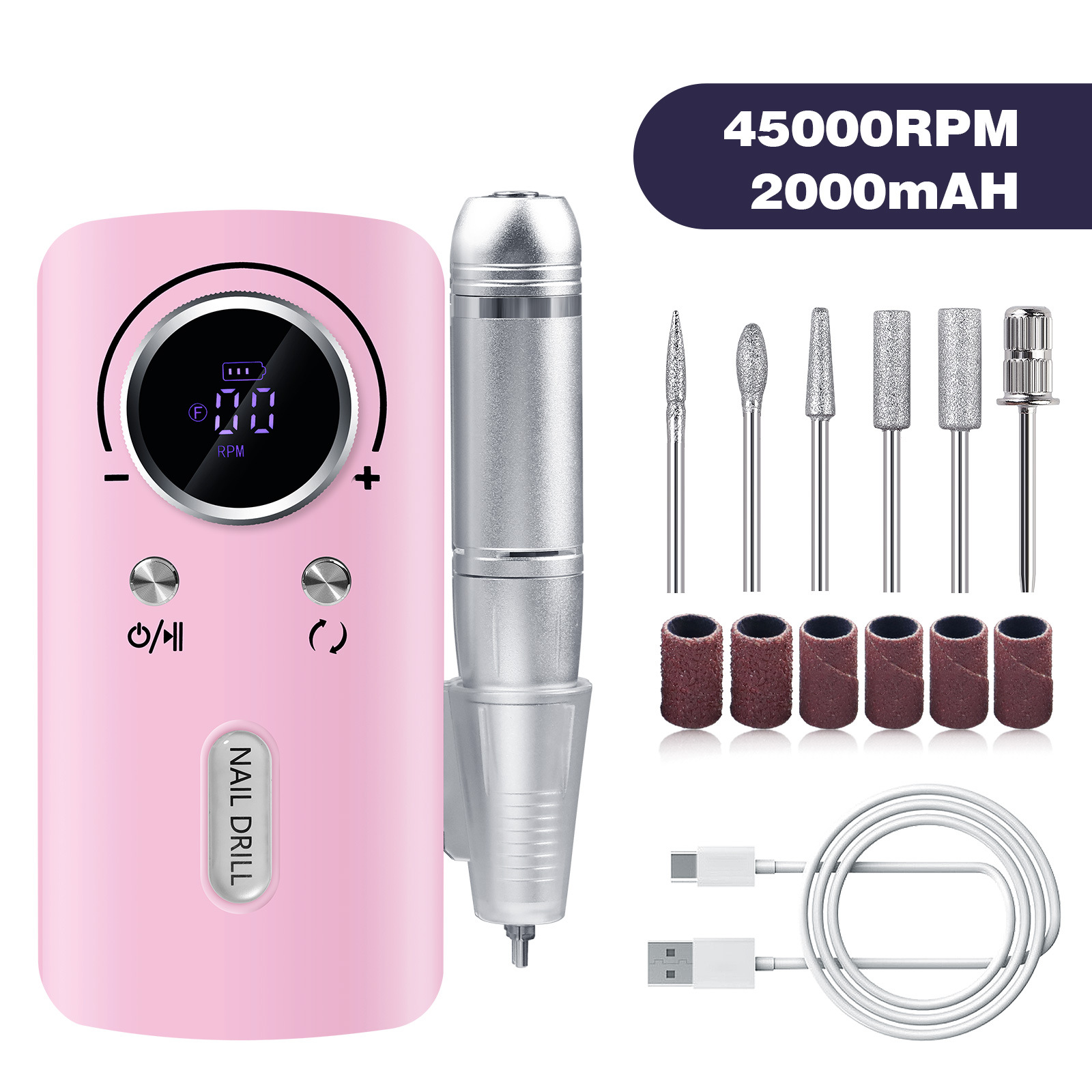 V888-ELOSUNG22694-202504011226-00 Pink Professional Electric Nail Drill, 45000RPM Rechargeable Nail Grinder Polisher for Salon & Home Use - Image 1