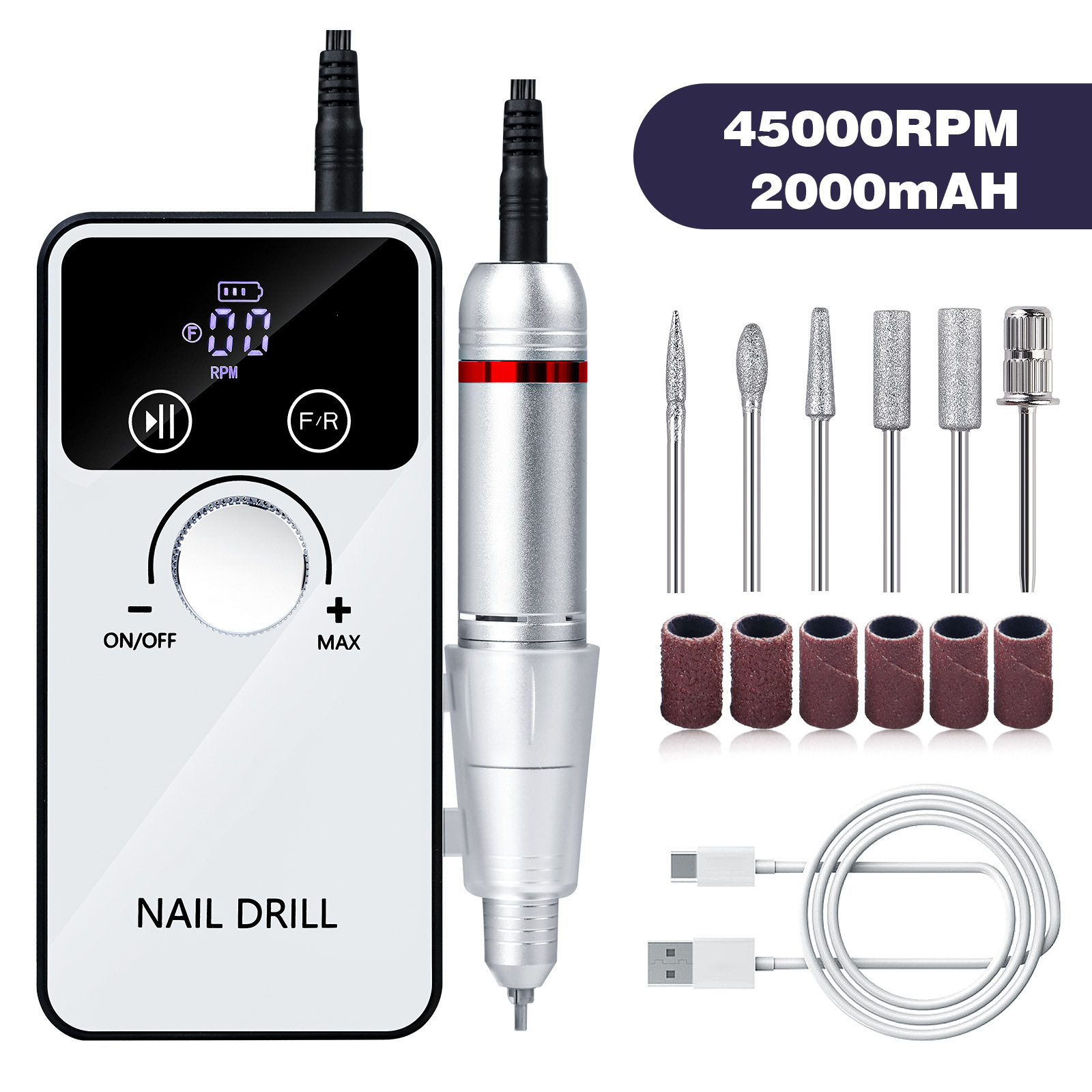 V888-ELOSUNG22707-202504011148-00 White Portable Electric Nail Drill - Rechargeable, Adjustable Speed, Low Vibration - Image 1