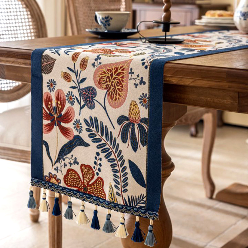 V888-ELOSUNG23178-202503251841-00 35x280cm Blue Pastoral Table Runner - Spring Floral Oil Painting Style with Tassels - Image 1