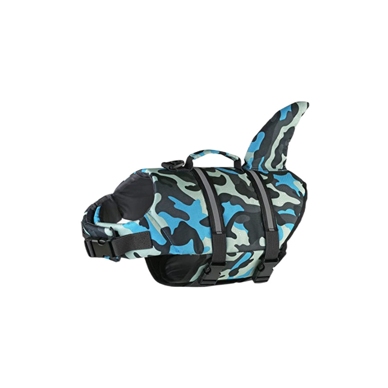 V888-ELOSUNG23319-202503251805-00 Size S Blue Camouflage Pattern Pet Life Jacket for Dogs - Summer Swimming Safety Vest with Shark Fin for Small to Large Breeds - Image 1