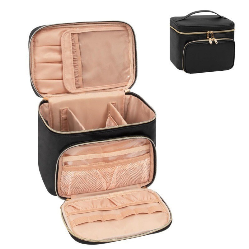 V888-ELOSUNG23333-202503251832-00 Black Portable Travel Makeup Bag with Brush Compartment - Stylish PU Leather Cosmetic Organizer for Skincare and Toiletry Storage - Image 1