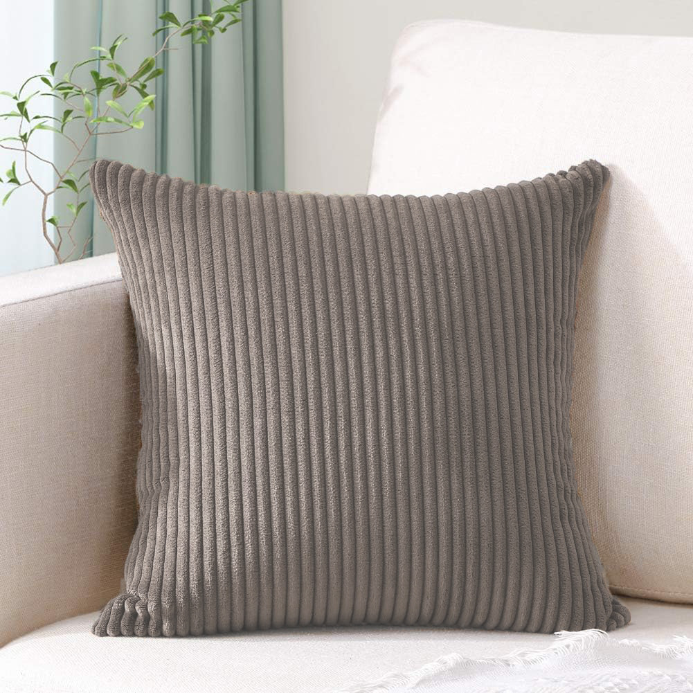 V888-ELOSUNG234475-202503282126-00 Brown Plush Striped Pillow Covers 45x45cm - Set of 4 Corduroy-Style Cushion Covers with Invisible Zipper, Soft and Washable for Sofa Decor - Image 1