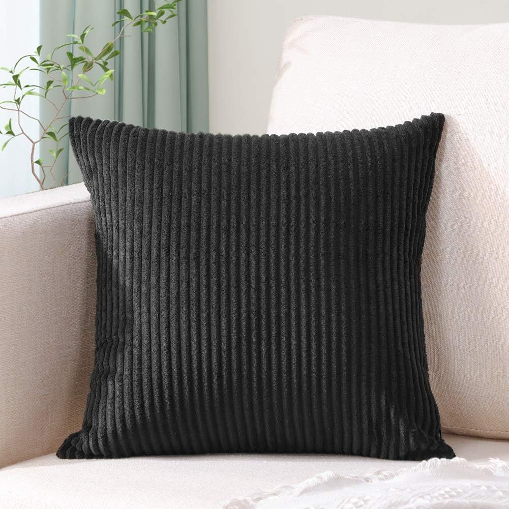 V888-ELOSUNG234483-202503282127-00 Black Plush Striped Pillow Covers 45x45cm - Set of 4 Corduroy-Style Cushion Covers with Invisible Zipper, Soft and Washable for Sofa Decor - Image 1