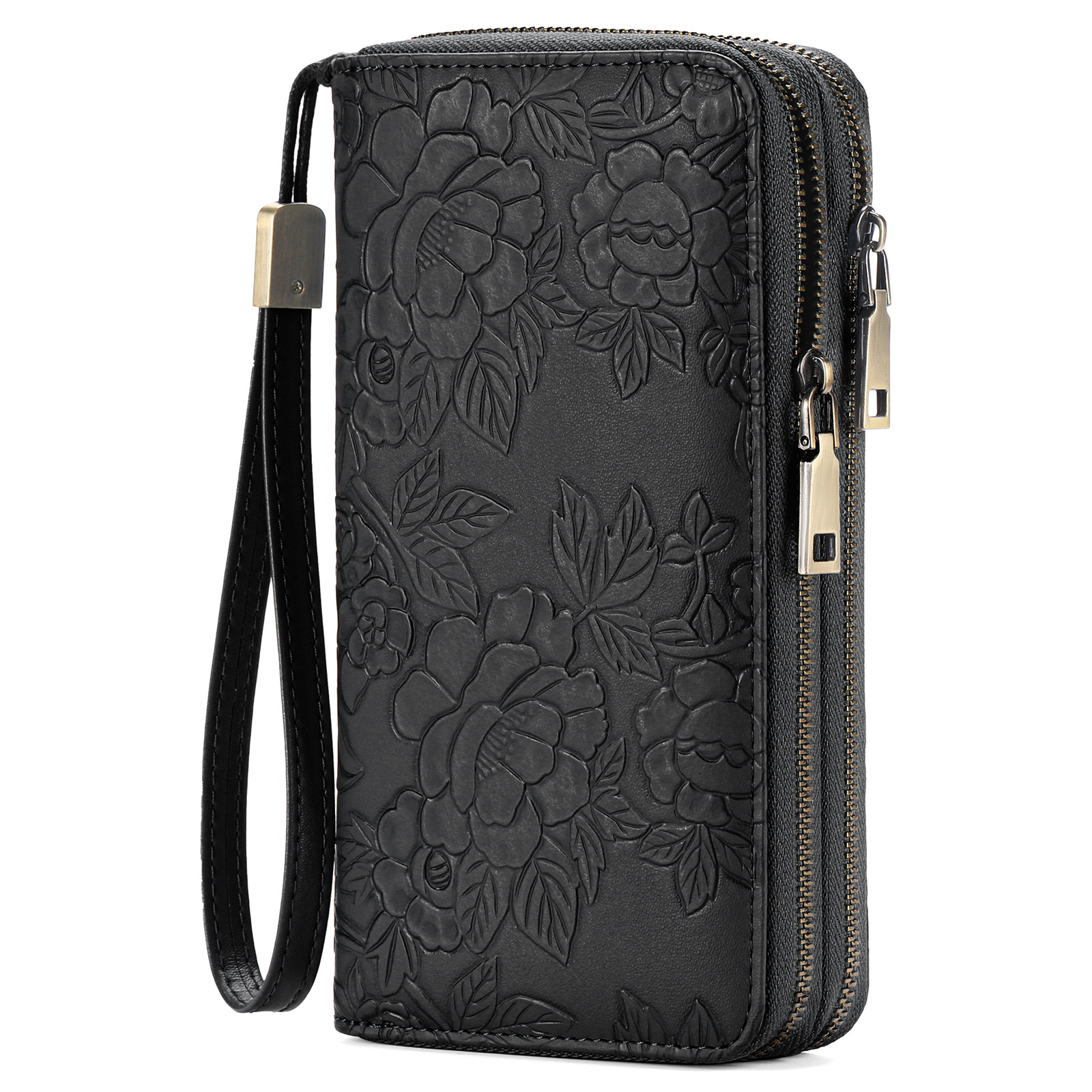 V888-ELOSUNG23587-202504141342-00 Black Floral Embossed Large Capacity Women's Wallet - Double Zipper PU Leather Clutch with Detachable Wrist Strap - Image 1
