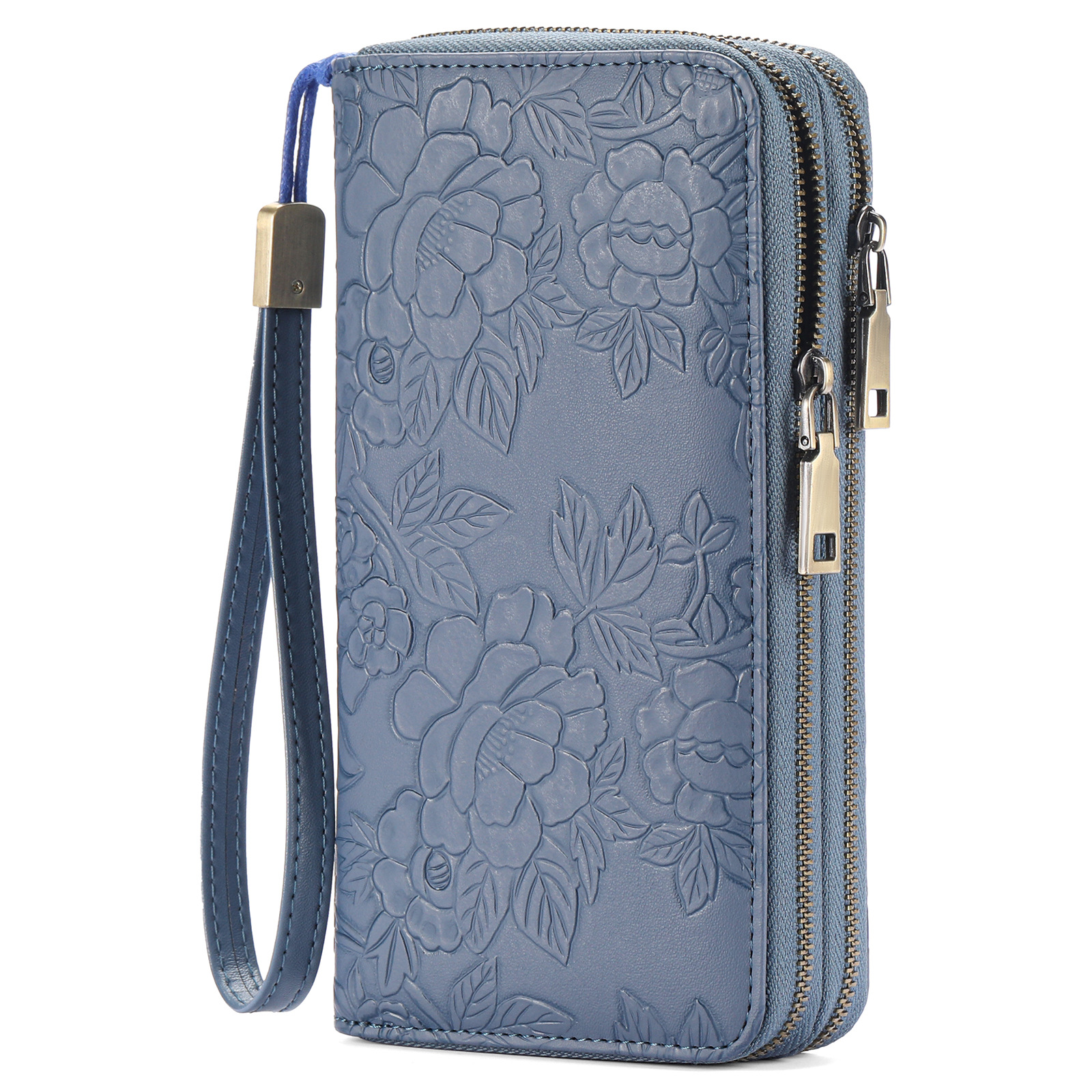 V888-ELOSUNG23589-202504141345-00 Blue Floral Embossed Large Capacity Women's Wallet - Double Zipper PU Leather Clutch with Detachable Wrist Strap - Image 1