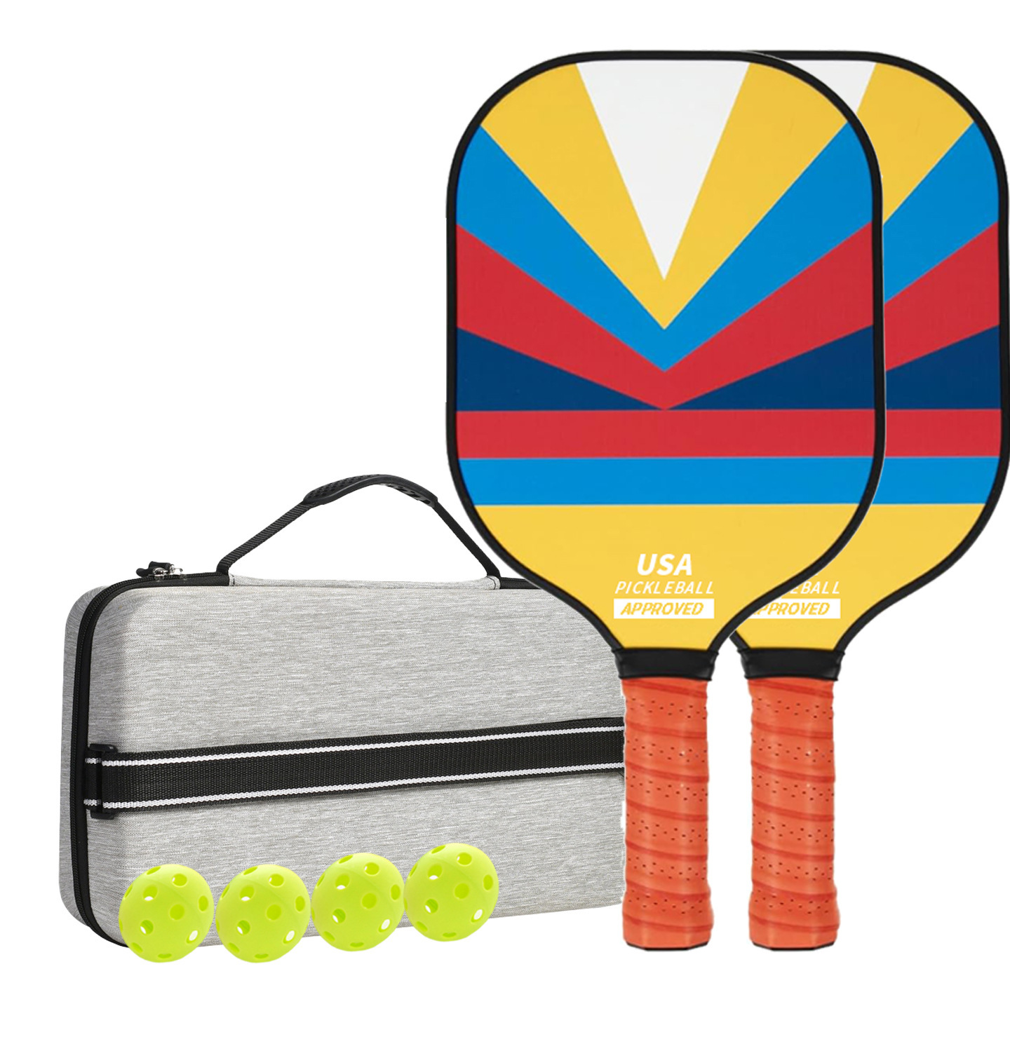 V888-ELOSUNG23619-202504141417-00 Style 2 Colorful Geometric Patterns Fiberglass Pickleball Paddle Set - 2 Paddles, 4 Balls, and Portable Carry Bag for Outdoor Play - Image 1