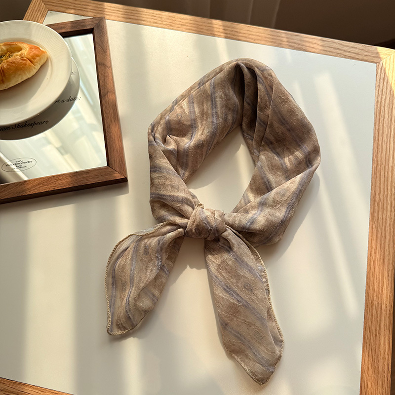 V888-ELOSUNG23642-202504141405-00 Style 3 Khaki Versatile Patterned Square Scarf | 65x65cm Lightweight Polyester Neckerchief Headband | Vintage Polka Dot & Floral - Image 1