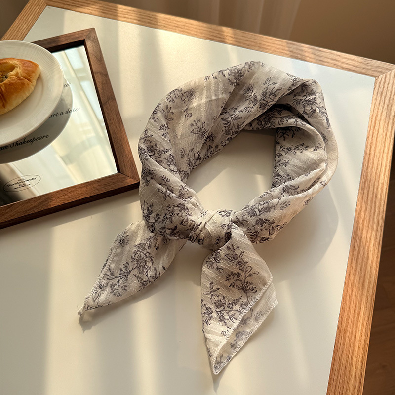 V888-ELOSUNG23669-202504141415-00 Style 5 Beige Versatile Patterned Square Scarf | 65x65cm Lightweight Polyester Neckerchief Headband | Vintage Polka Dot & Floral - Image 1