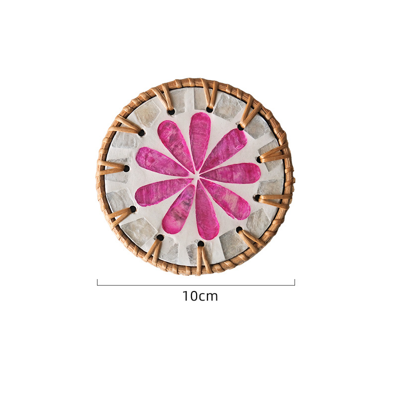 V888-ELOSUNG23688-202504141731-00 4 Pcs Khaki Background With Pink flower Handcrafted Rattan Coaster with Natural Shell Inlay - Decorative & Heat Insulating Drink Mat - Image 1