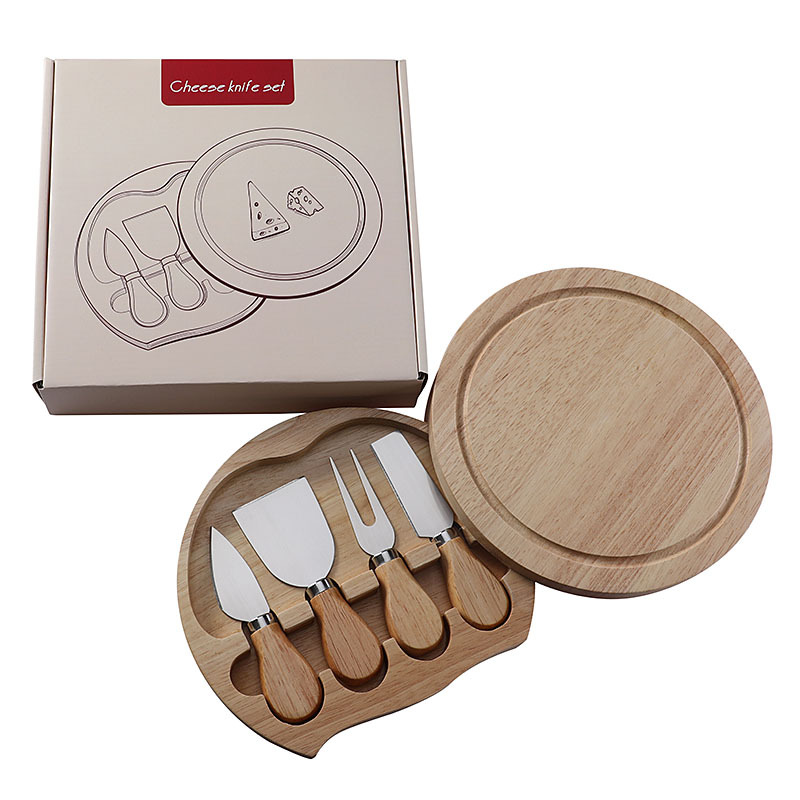 V888-ELOSUNG23802-202504141715-00 Brown And Silver Compact Round Rubberwood Cheese Board Set | 4 Stainless Steel Knives & Tools - Image 1