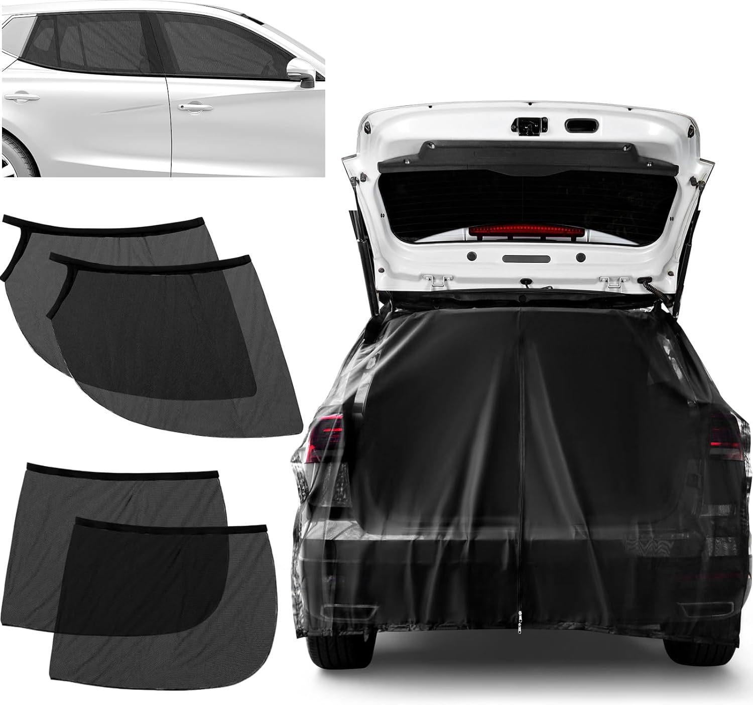 V888-ELOSUNG23904-202504141707-00 Size L Black Magnetic Car Window Sun Shade Screens & SUV Tailgate Mosquito Net Set - Breathable Bug Protection - Image 1