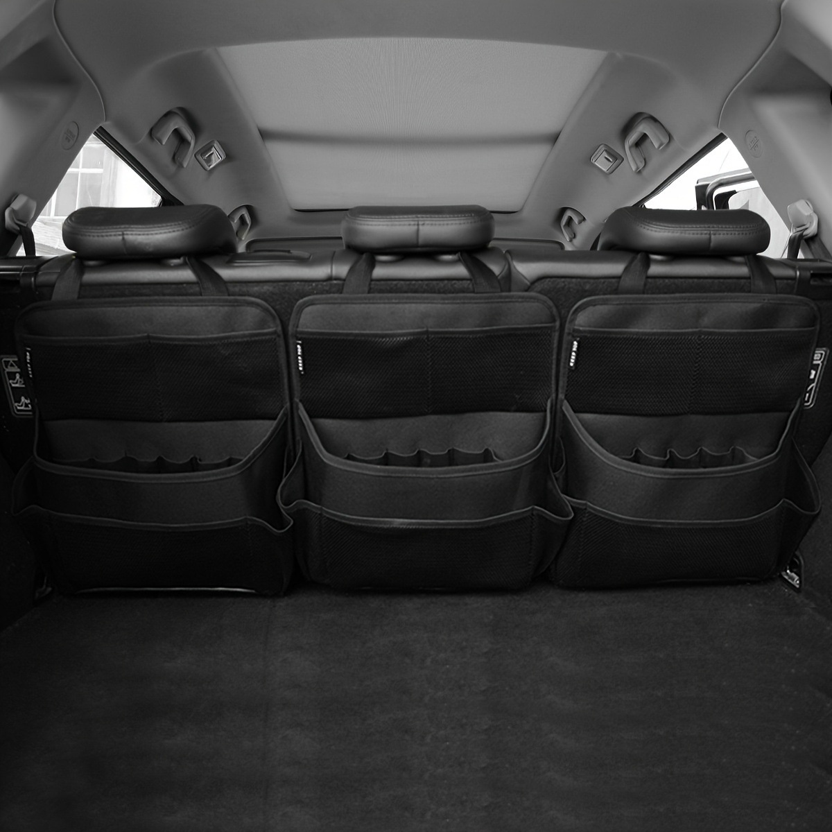 V888-ELOSUNG23942-202504171728-00 3 Pcs Black Premium Car Back Seat & Trunk Organizer - Multi-Pocket Hanging Storage Bag - Image 1