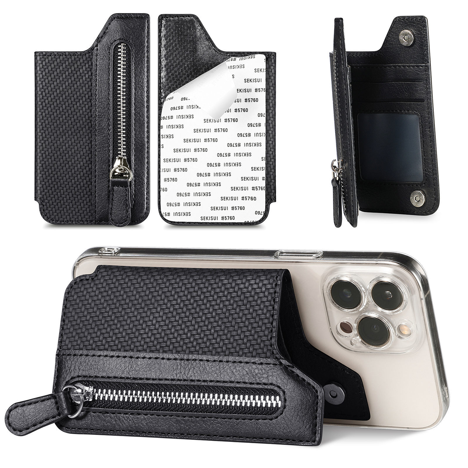 V888-ELOSUNG23958-202504171808-00 2 Pcs Black Multifunction Stick-On Phone Wallet - PU Leather Card Holder with Zipper & Flip Cover - Image 1