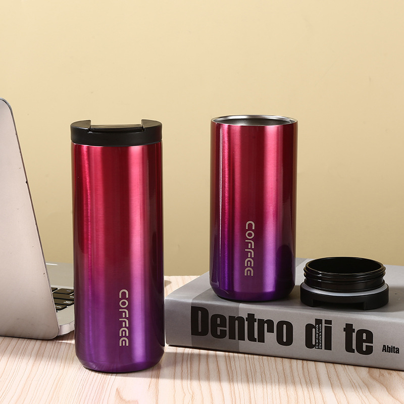 V888-ELOSUNG23984-202504171840-00 Red And Purple Gradient Color Sleek Insulated Stainless Steel Coffee Tumbler Set (400ml & 500ml) - One-Touch Lid Travel Mugs - Image 1