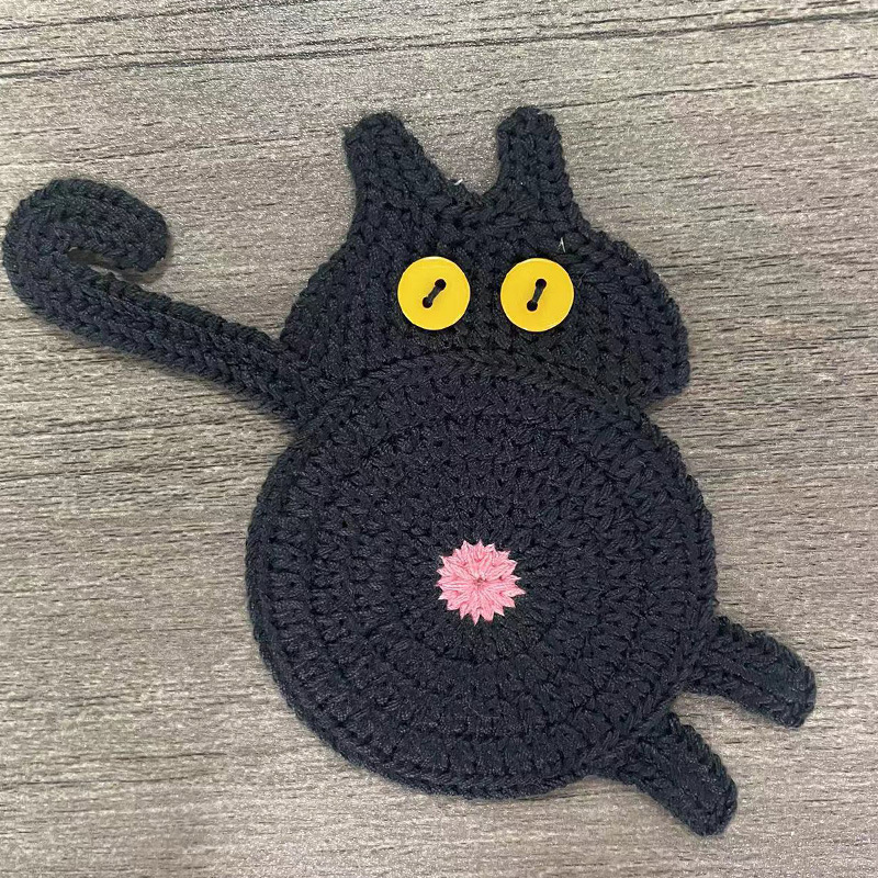V888-ELOSUNG24199-202503251825-00 Black Cat Butt Coasters 3-Piece Set - Cute Knitted Drink Coasters for Cat Lovers - Image 1