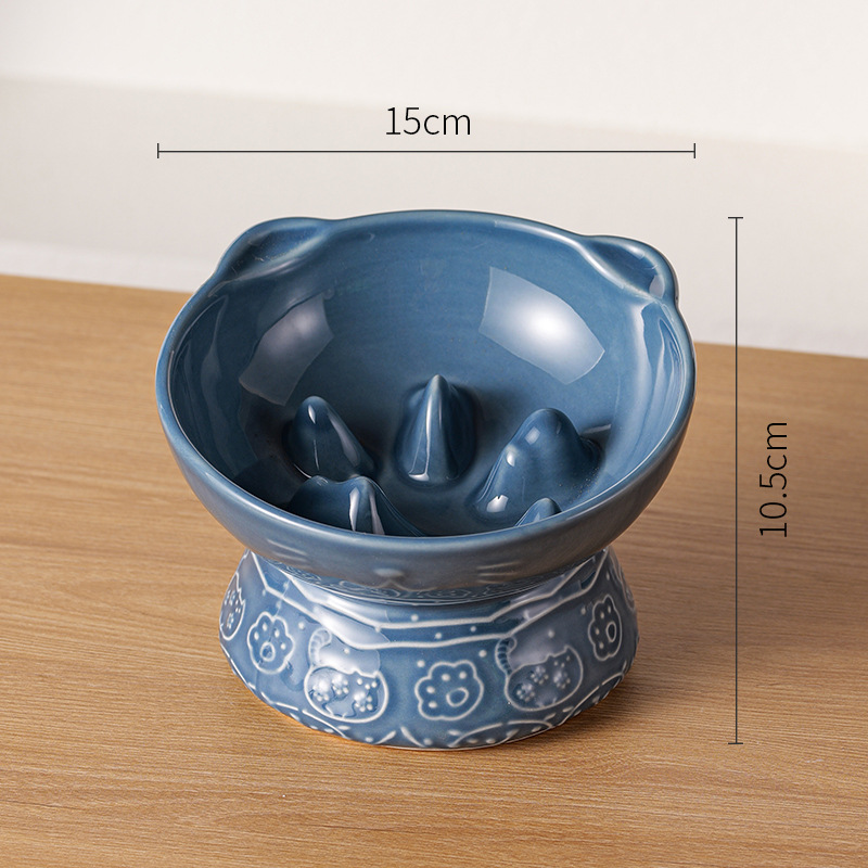 V888-ELOSUNG24208-202503251840-00 Blue Vintage Slow Feeder Ceramic Pet Bowl - Anti-Choke Wide-Mouth Design for Cats & Dogs, Prevents Black Chin - Image 1