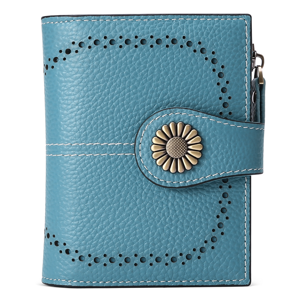 V888-ELOSUNG24300-202503282026-00 Sky Blue (Wrestling) Women's Short Leather Wallet - European Style Waxed Leather Coin Purse with Zipper Card Holder in Red - Image 1