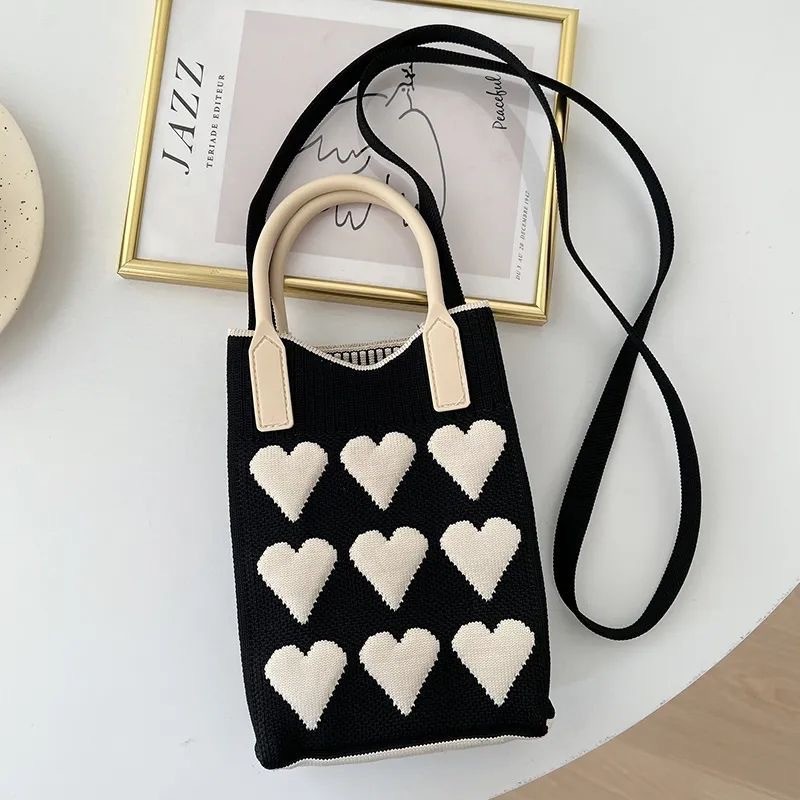 V888-ELOSUNG24465-202504031721-00 Black 3PCS Cute Heart Knit Phone Crossbody Bag - Korean Style Mini Shoulder Purse for Women - Image 1